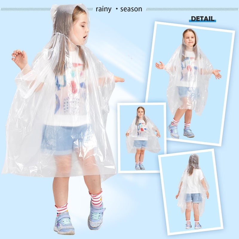 SWOGAA Disposable Rain Ponchos for Kids (6 Pack) -50% Extra Thicker Men or Women Waterproof Emergency Rain Ponchos with Hood - Clear Kids - Image 3